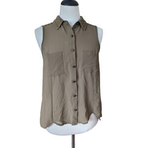 Chloe K Olive Green Button Up Studded Sleeveless Blouse Size M